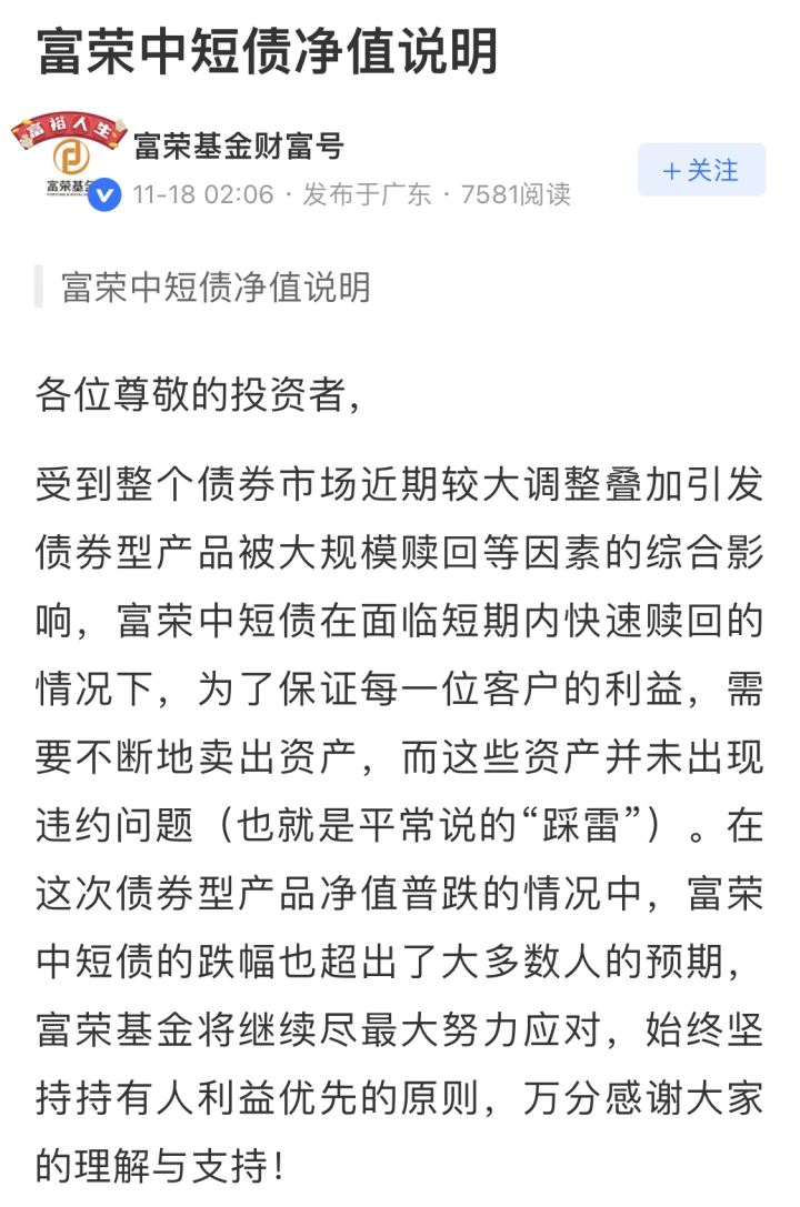 网红债基踩雷原因分析_短期债券基金_富荣中短债基金单日下跌12%