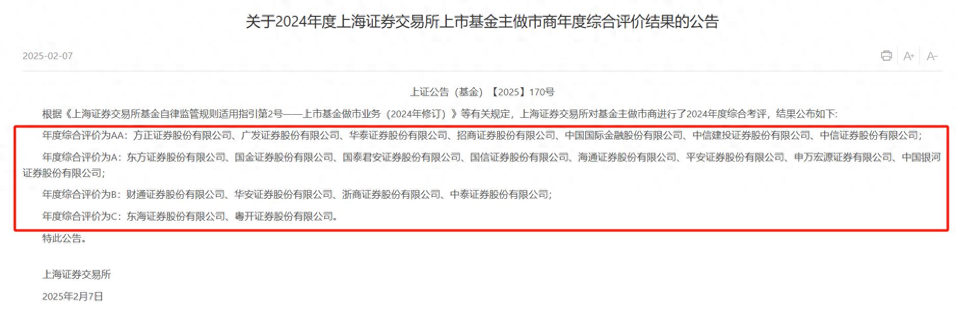 基金做市评价出炉，7家券商蝉联主做市商AA，有券商由C入A，