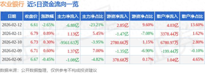 农业银行（601288）2月12日主力资金净卖出6.88亿元